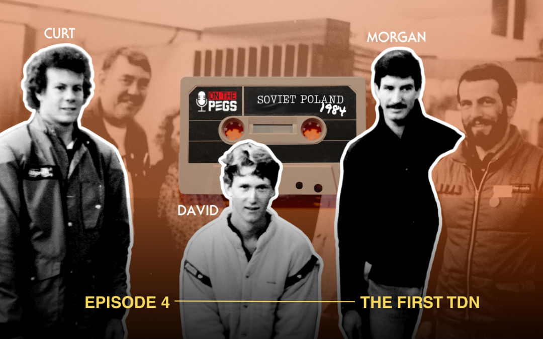 Curt Comer, David Pyle, and Morgan Kavanaugh — the U.S. team at the 1984 Trial des Nations — on the cover of On the Pegs Podcast Episode 4
